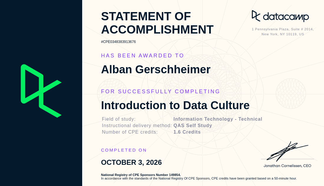 DataCamp certificate: Introduction to Data Culture
