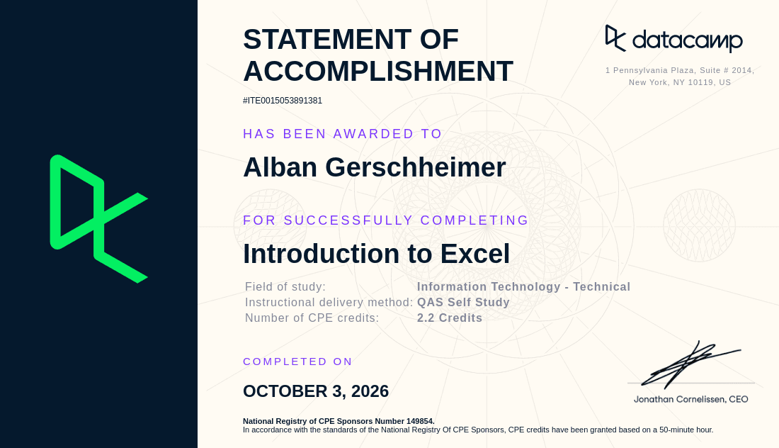DataCamp certificate: Introduction to Excel
