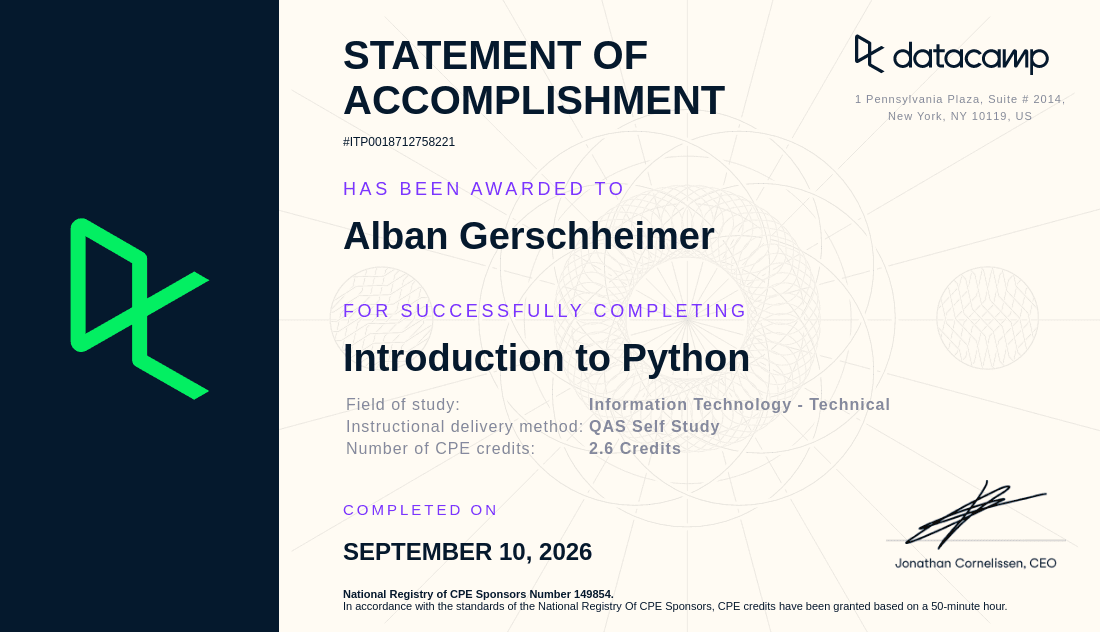 DataCamp certificate: Introduction to Python