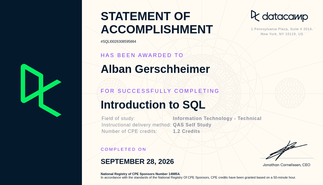 DataCamp certificate: Introduction to SQL