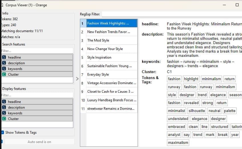 Orange corpus viewer listing the eleven fashion articles of cluster C1