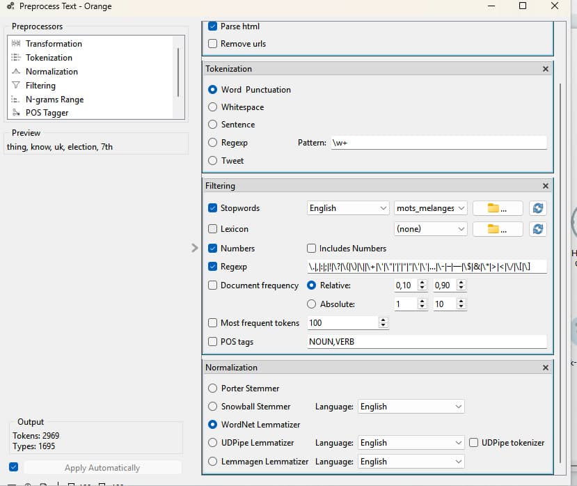Orange text preprocessing settings: stopwords, regular expression filter and WordNet lemmatizer