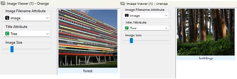 Orange image viewer: a striped building predicted as forest, and a forest predicted as buildings