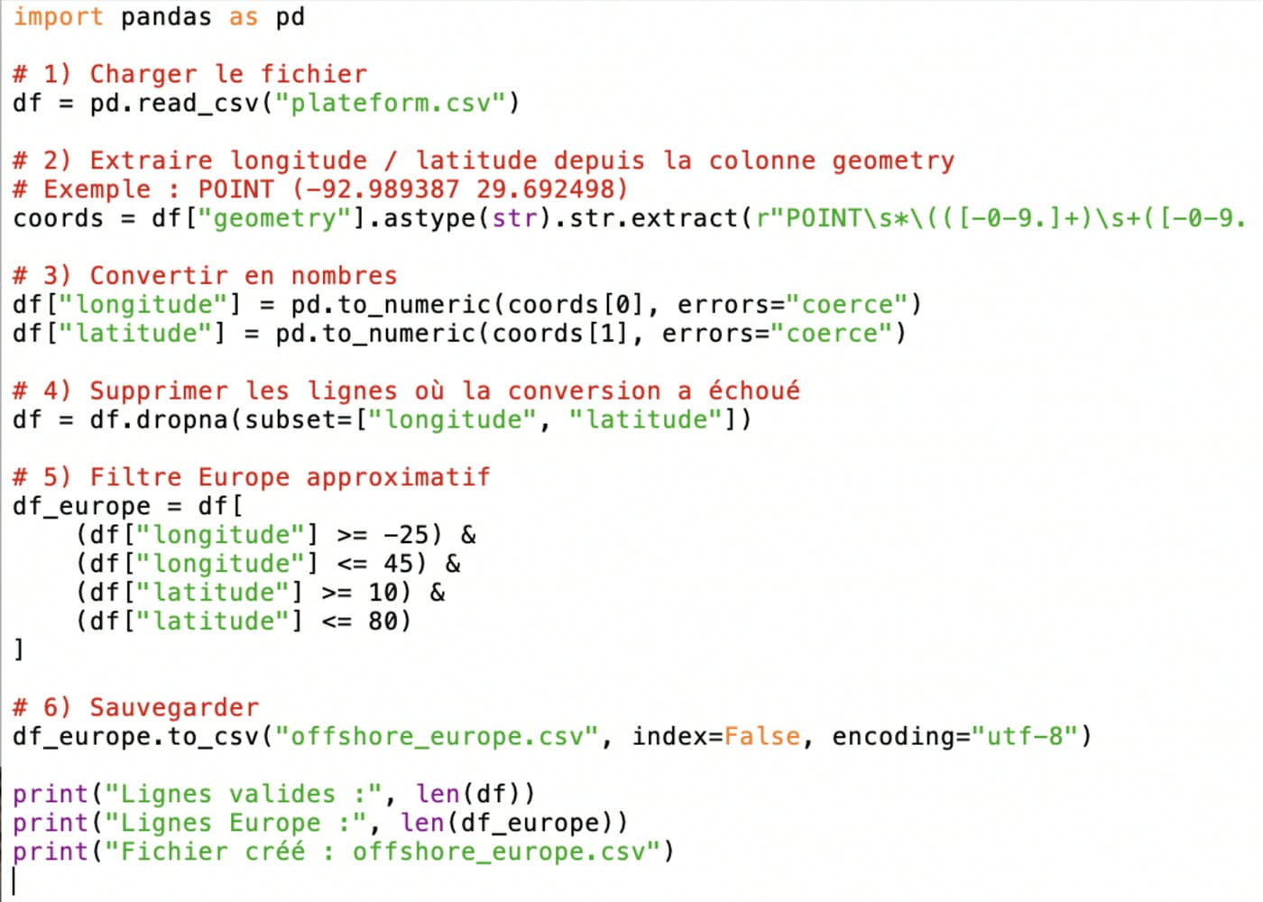Python script that uses pandas to extract coordinates and keep offshore structures located in Europe