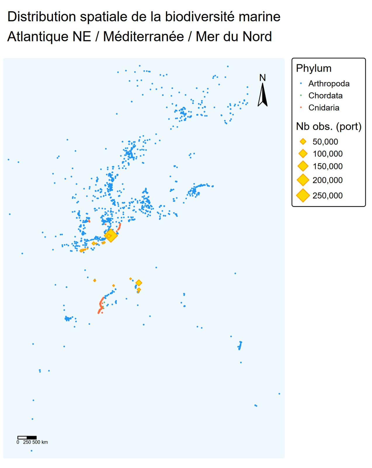 Map of marine observations across the North-East Atlantic, the Mediterranean and the North Sea, coloured by phylum, with observation counts per port